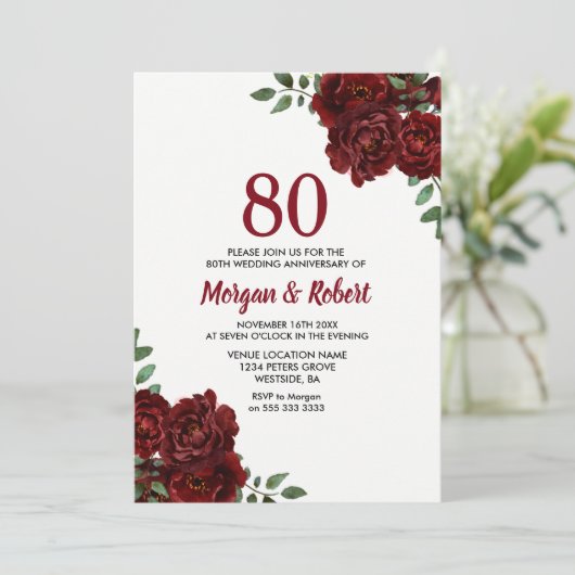 Burgundy Ruby Red Rose 80th Wedding Jubileum Kaart (Staand voorkant)