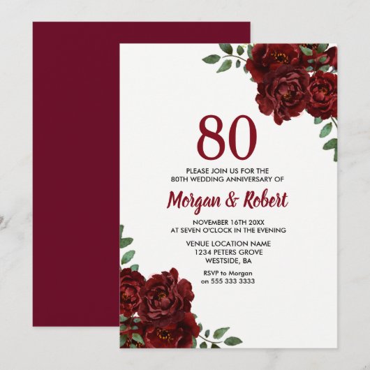 Burgundy Ruby Red Rose 80th Wedding Jubileum Kaart (Voorkant / Achterkant)
