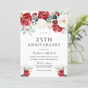 Burgundy Ruby Red White 25th Wedding Jubileum Kaart