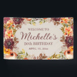 Burgundy Rust Oranje Floral 50th Birthday Welcome Spandoek<br><div class="desc">De 50ste verjaardagsfeest "Welcome" van de vrouw van Elegant, bruine roest, oranje, en roomkleurige flora en foliage, gepersonaliseerd met de naam van de gast van eer, haar leeftijd en haar feestdatum. Neem contact met mij op voor hulp bij uw aanpassingen of om extra overeenkomende of coördinerende Zazzle-producten voor uw partij...</div>