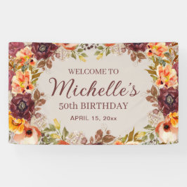 Burgundy Rust Oranje Floral 50th Birthday Welcome Spandoek