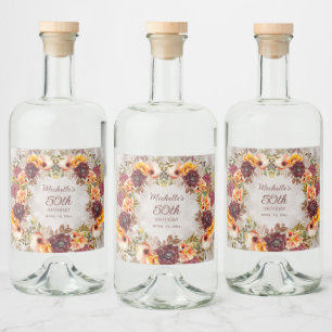 Burgundy Rust Oranje Floral Women's 50th Birthday Likeurfles Etiket