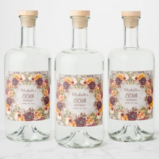 Burgundy Rust Oranje Floral Women's 50th Birthday Likeurfles Etiket (Flessen)