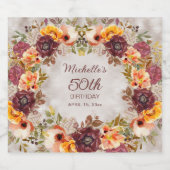 Burgundy Rust Oranje Floral Women's 50th Birthday Likeurfles Etiket (Enkel label)
