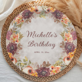 Burgundy Rust Oranje Floral Women's Birthday Papieren Bordje