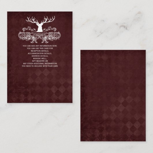 Burgundy Rustic Antler Deer Woodland Wedding Informatiekaartje (Voorkant / Achterkant)