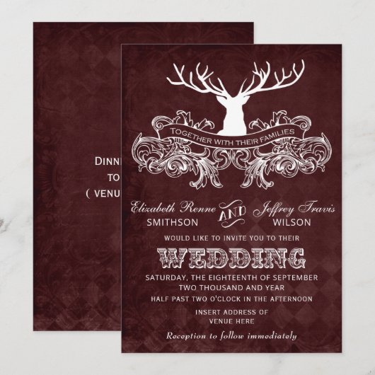 Burgundy Rustic Antler Deer Woodland Wedding Kaart (Voorkant / Achterkant)