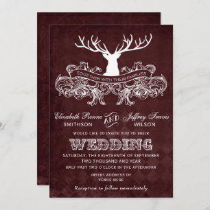 Burgundy Rustic Antler Deer Woodland Wedding Kaart