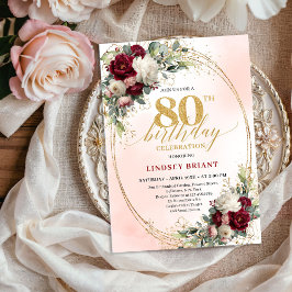Burgundy Rustic Boho Floral 80th Birthday Invite Kaart