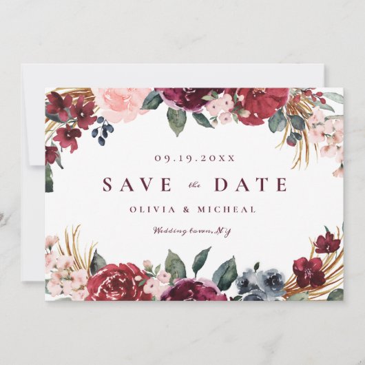 Burgundy rustic boho floral save the date (Voorkant)