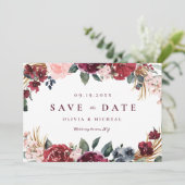 Burgundy rustic boho floral save the date (Staand voorkant)