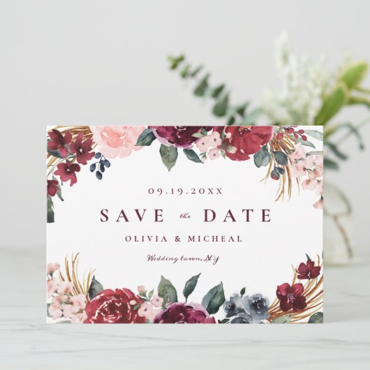 Burgundy rustic boho floral save the date (Staand voorkant)