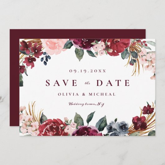 Burgundy rustic boho floral save the date (Voorkant / Achterkant)