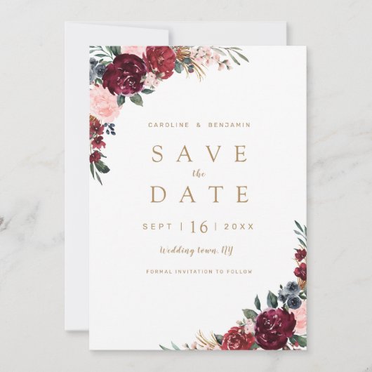 Burgundy rustic boho floral save the date (Voorkant)