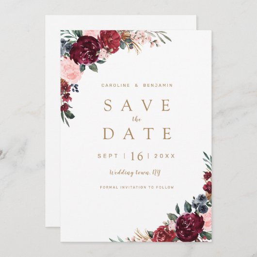 Burgundy rustic boho floral save the date (Voorkant / Achterkant)