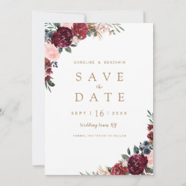 Burgundy rustic boho floral save the date