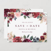 Burgundy rustic boho floral save the date aankondigingskaart (Voorkant / Achterkant)