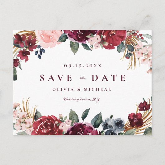 Burgundy rustic boho floral save the date aankondigingskaart (Voorkant)