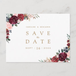 Burgundy rustic boho floral save the date aankondigingskaart