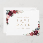 Burgundy rustic boho floral save the date aankondigingskaart (Voorkant / Achterkant)