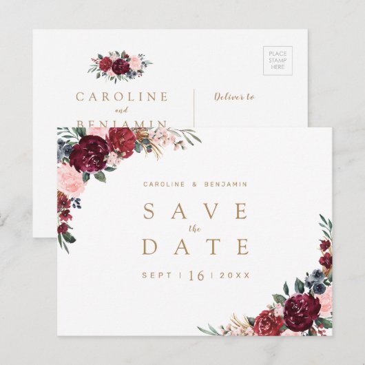 Burgundy rustic boho floral save the date aankondigingskaart (Voorkant / Achterkant)