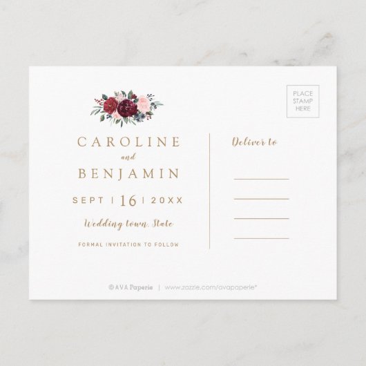 Burgundy rustic boho floral save the date aankondigingskaart (Achterkant)