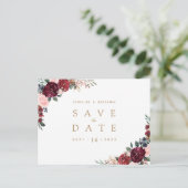 Burgundy rustic boho floral save the date aankondigingskaart (Staand voorkant)