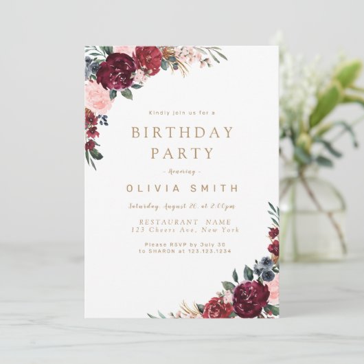 Burgundy rustic boho floral verjaarfeest kaart (Staand voorkant)