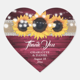 Burgundy Rustic Burlap Lace Sunflower Wedding Hart Sticker
