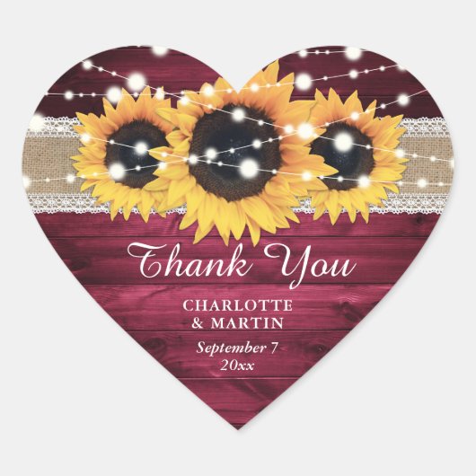 Burgundy Rustic Burlap Lace Sunflower Wedding Hart Sticker (Voorkant)