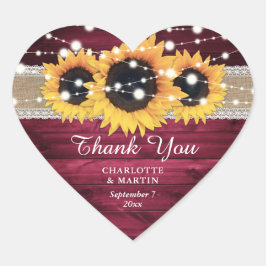 Burgundy Rustic Burlap Lace Sunflower Wedding Hart Sticker