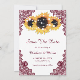 Burgundy Rustic Chic Lace Sunflower Save the Date