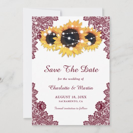 Burgundy Rustic Chic Lace Sunflower Save the Date (Voorkant)