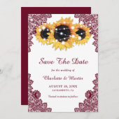 Burgundy Rustic Chic Lace Sunflower Save the Date (Voorkant / Achterkant)