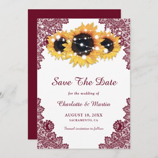 Burgundy Rustic Chic Lace Sunflower Save the Date (Voorkant / Achterkant)