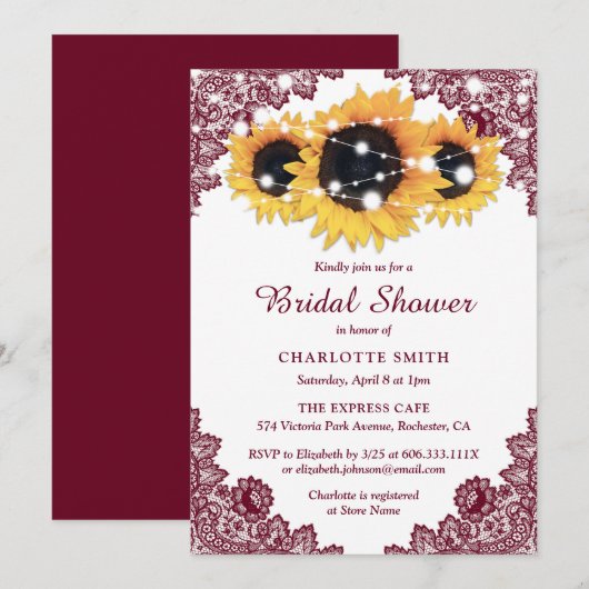 Burgundy Rustic Chic Lace Sunflower Vrijgezellenfe Kaart (Voorkant / Achterkant)