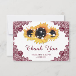 Burgundy Rustic Chic Lace Sunflower Wedding Bedankkaart