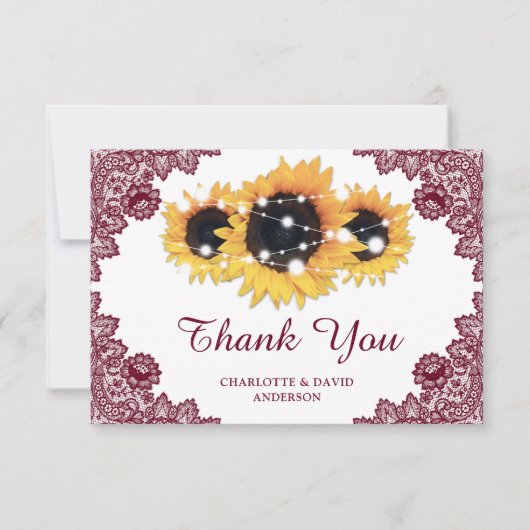 Burgundy Rustic Chic Lace Sunflower Wedding Bedankkaart (Voorkant)