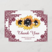 Burgundy Rustic Chic Lace Sunflower Wedding Bedankkaart (Voorkant / Achterkant)
