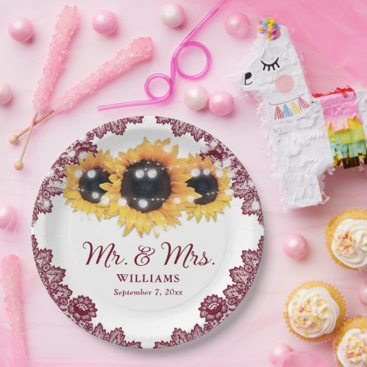 Burgundy Rustic Chic Lace Sunflower Wedding Papieren Bordje (Feest)