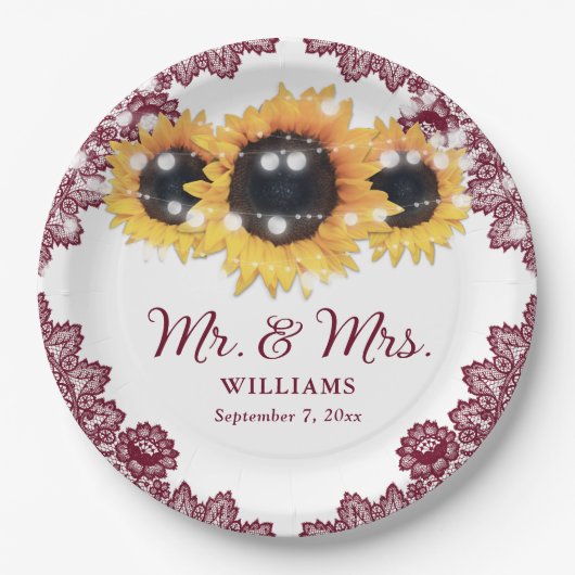 Burgundy Rustic Chic Lace Sunflower Wedding Papieren Bordje (Voorkant)
