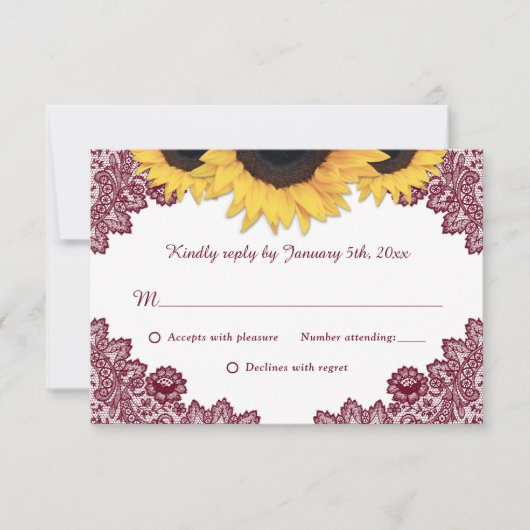 Burgundy Rustic Chic Lace Sunflower Wedding RSVP Kaartje (Voorkant)