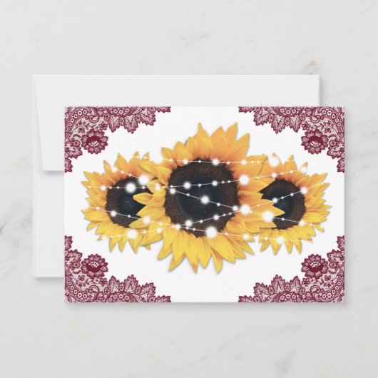 Burgundy Rustic Chic Lace Sunflower Wedding RSVP Kaartje (Voorkant)