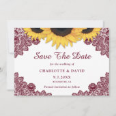 Burgundy Rustic Chic Sunflower Lace Wedding Save The Date (Voorkant)