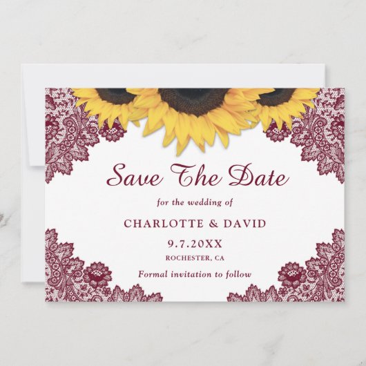 Burgundy Rustic Chic Sunflower Lace Wedding Save The Date (Voorkant)