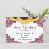 Burgundy Rustic Chic Sunflower Lace Wedding Save The Date (Staand voorkant)