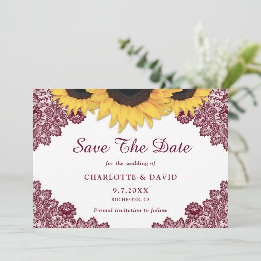 Burgundy Rustic Chic Sunflower Lace Wedding Save The Date (Staand voorkant)