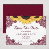 Burgundy Rustic Chic Sunflower Lace Wedding Save The Date (Voorkant / Achterkant)