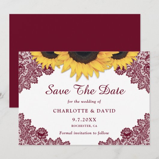 Burgundy Rustic Chic Sunflower Lace Wedding Save The Date (Voorkant / Achterkant)
