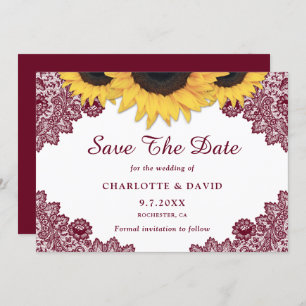 Burgundy Rustic Chic Sunflower Lace Wedding Save The Date